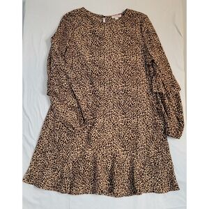 Andree By Unit Size L Shift Dress Leopard Print Puff Tiered Sleeves Ruffle Sheer